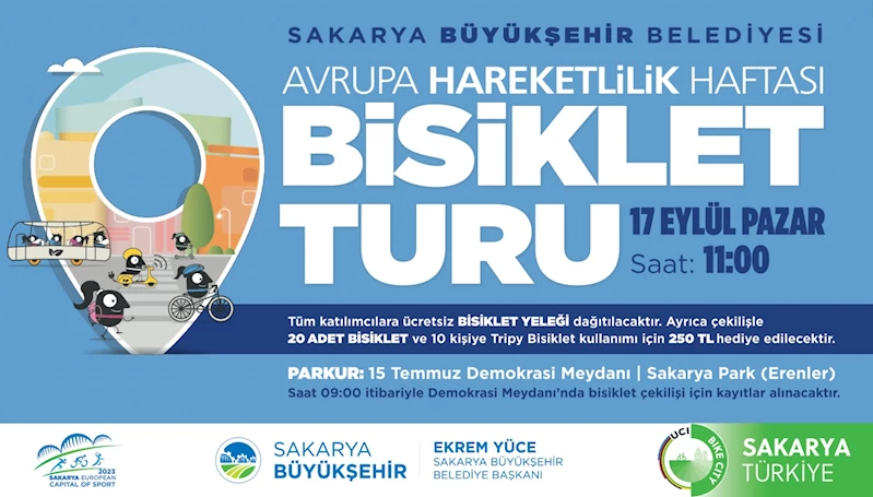 20 Bisiklet ve 10 adet 250 TL’lik Tripy kullanımı çekilişle hediye edilecek Büyükşehir’den Avrupa Hareketlilik Haftası’na özel bisiklet turu