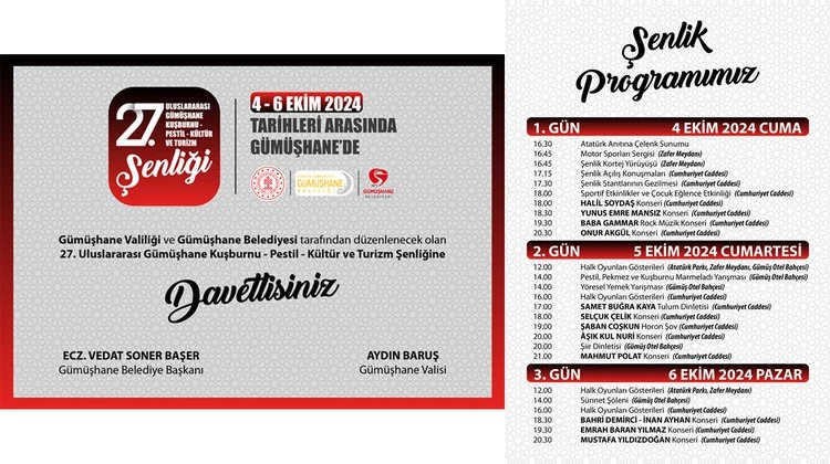 27. ULUSLARARASI GÜMÜŞHANE KUŞBURNU - PESTİL - KÜLTÜR VE TURİZM ŞENLİK DAVETİ VE PROGRAMI